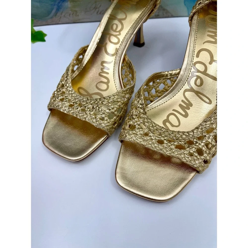 New Sam Edelman Gold Woven Kitten Heels Metallic Strappy Square Toe Sandals 8.5